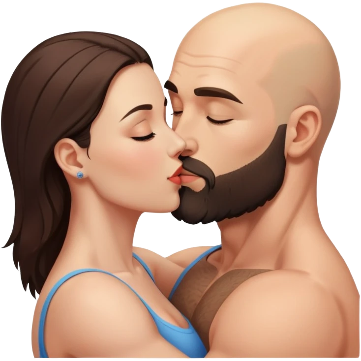 Muscular Bald man with a beard passionately kissing his young brunette wife  emoji