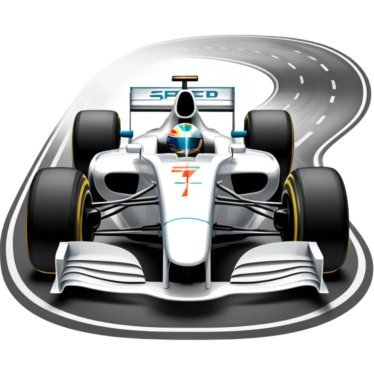 An icon showing a Formula 1 car racing down a track, with speed lines trailing behind. The design captures the intensity of high-speed racing, with sharp curves and bright track lights in the background. Transparent background highlights the action and excitement of racing. emoji