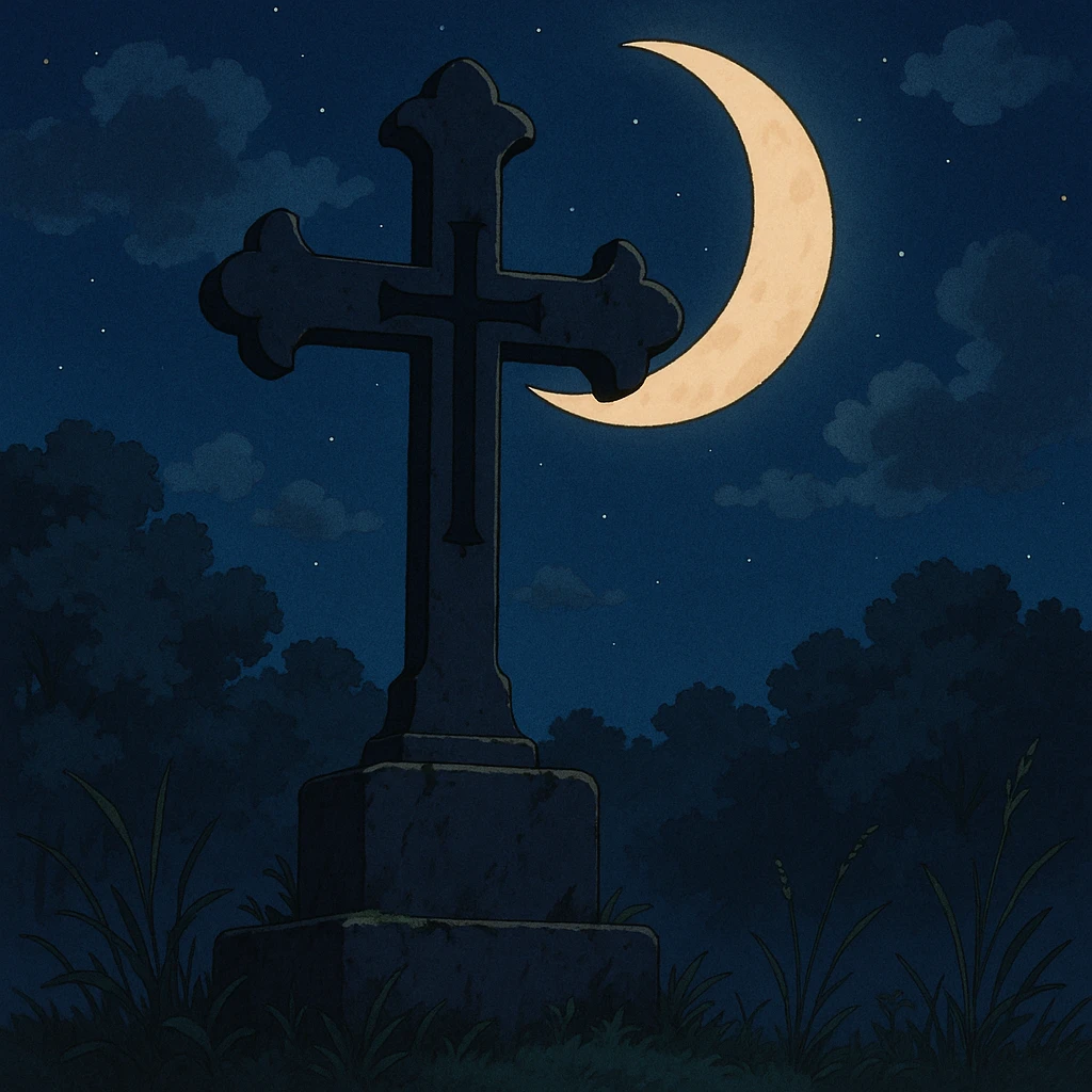 goth cross, with a crescent moon, Ghibli style emoji