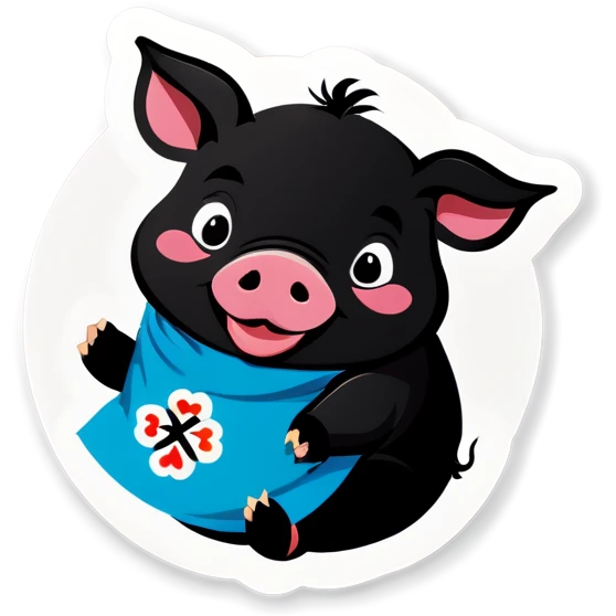 A black piglet wearing on korean cloth with "luck” written on it. emoji