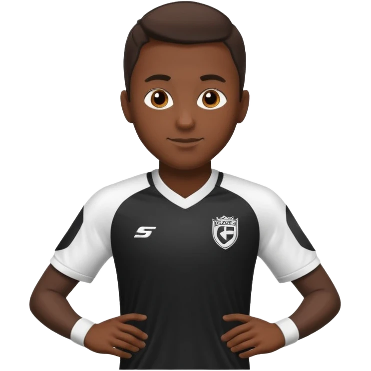 A soccer player wearing a black jersey that has white sleeves and sponsor in white in the middle of the jersey emoji