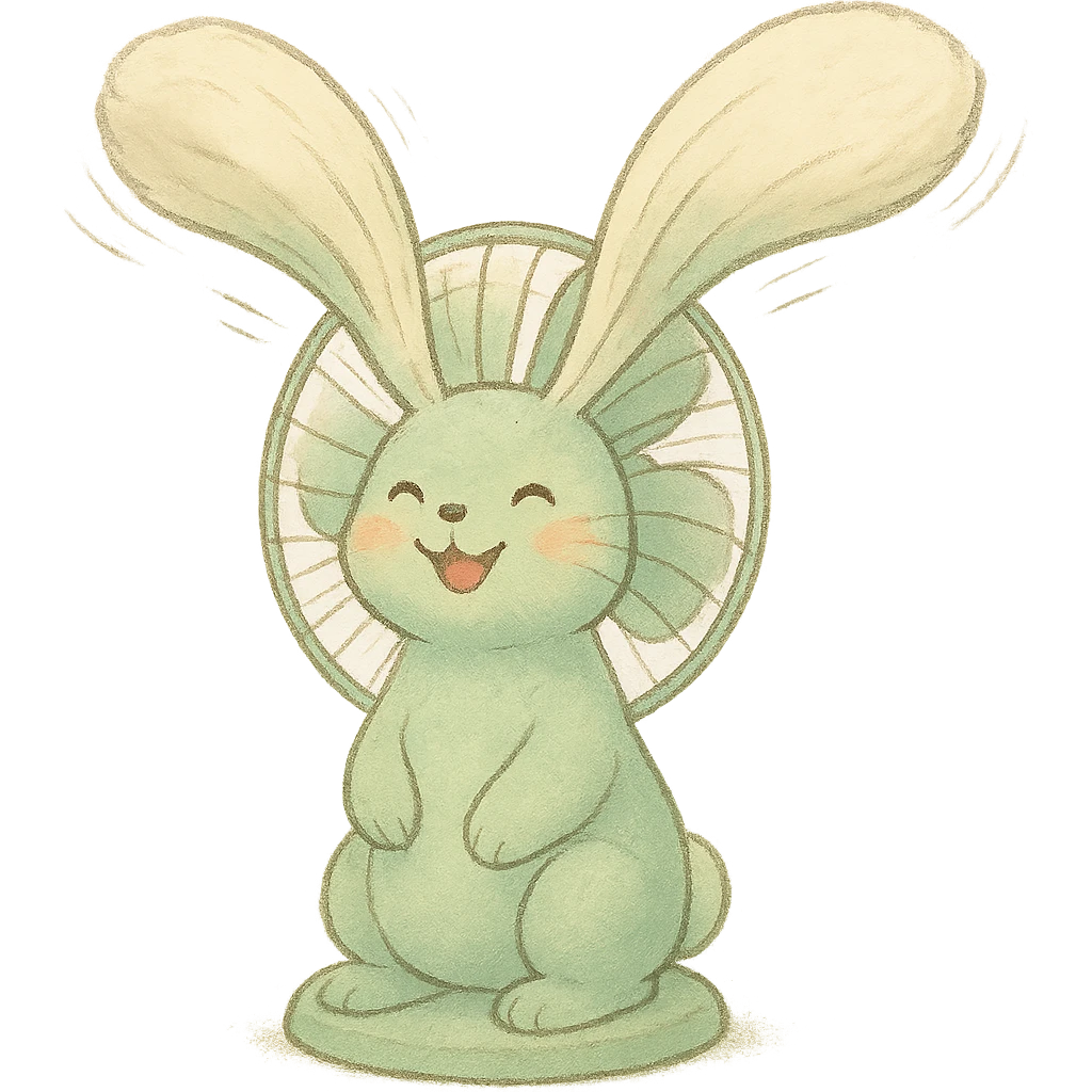 cute electric fan transformed into a soft, fluffy bunny, spinning its ears like blades, cheerful face, pastel green, full-body emoji