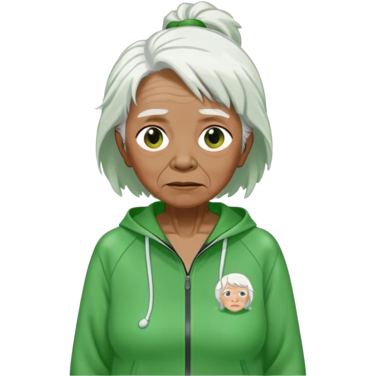 Hong is an old woman, around 50 years old,  Her white hair tie. green tracksuit. She is unkempt and damp with sweat. emoji