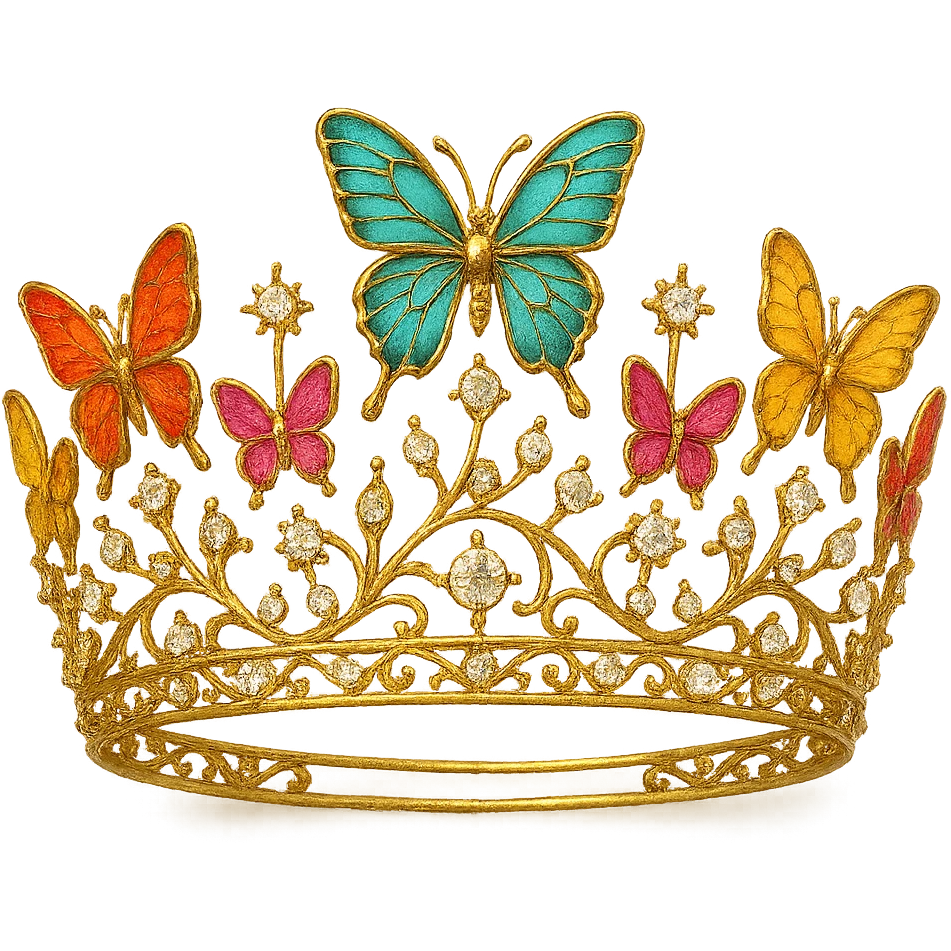 a whimsical butterfly crown in gold, with colorful enamel butterflies and sparkling gems emoji