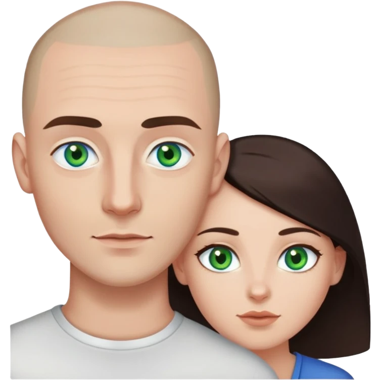 Man with blue eyes and shaved head, holding woman with green eyes and long dark brown hair emoji