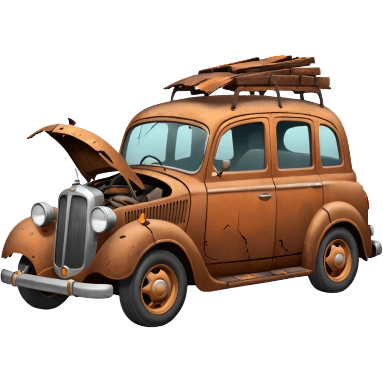 Side view of a broken-down old car with steam from the bonnet, shattered windows, rusted doors, a flat tire, dents, peeling paint, and a grimy, neglected look. emoji