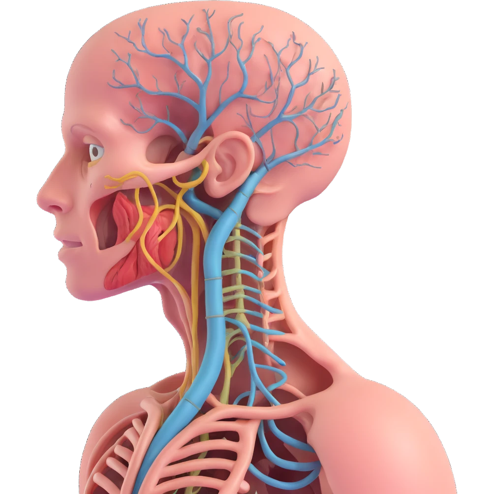 vagus nerve highlighted on human body, realistic 3D style, lateral view, vagus nerve path emphasized, anatomical details, transparency on organs, natural colors, white background emoji