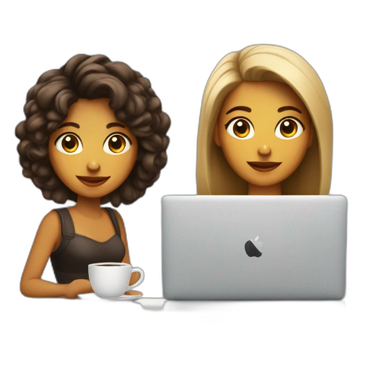 Mujer y joven con cabello melena con MacBook y un cafe emoji