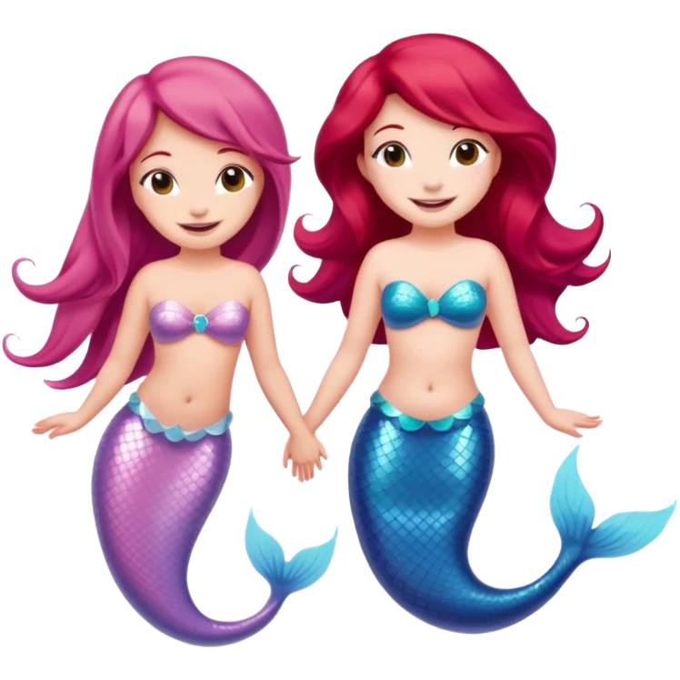 Cute iOS-style emoji of a pastel pink dolphin and a red-haired mermaid, smiling at each other. 
Simple vector emoji design, bold outlines, soft gradients, glossy look, centered, white background. emoji