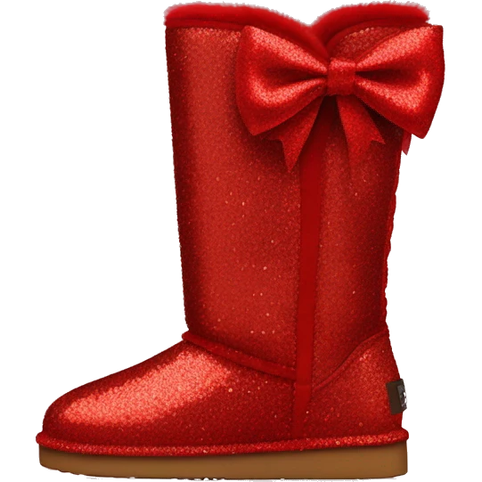 Pair of red glitter Ugg fur boots with red silk ribbon bows. emoji