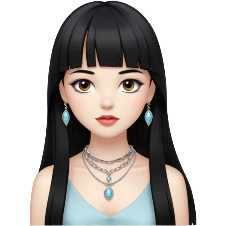 pale pretty girl with long black hair with straight bangs slightly above the brows and a hime cut after her chin, dark brown eyes, blushed lips and cheeks, long lashes, a silver necklace and  bracelets, with a classic timeless luxury style emoji