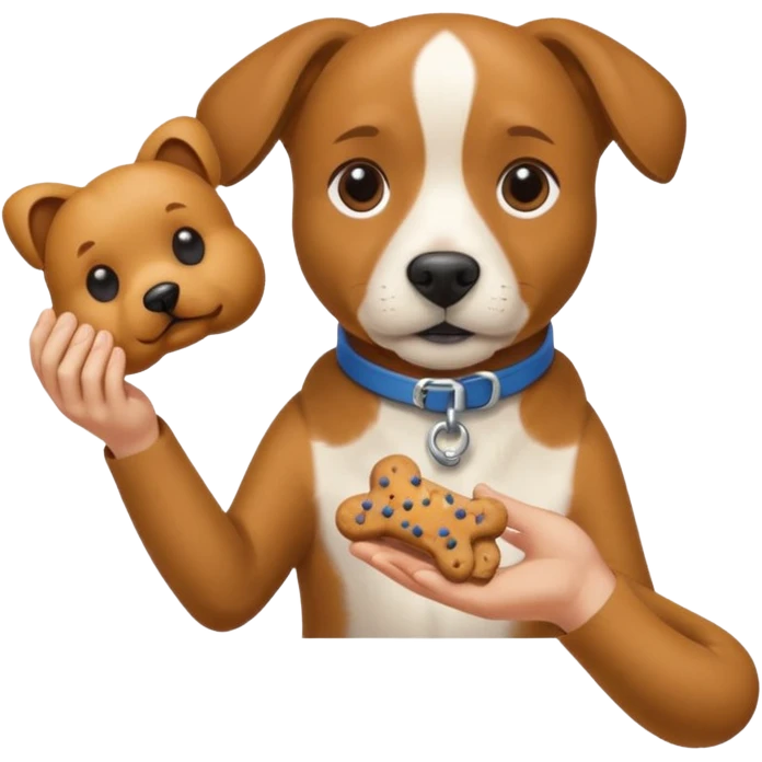 trainer hand holding a treat in front of a dog emoji
