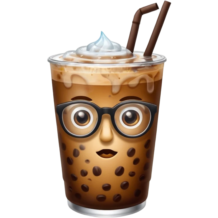 Iced coffee with eyes and glasses emoji