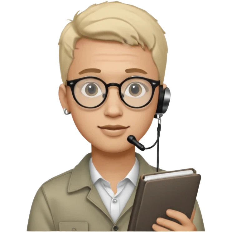 A man in his 20s wearing an apnotebook, wearing radio earrings, round glasses, achromatic clothes emoji