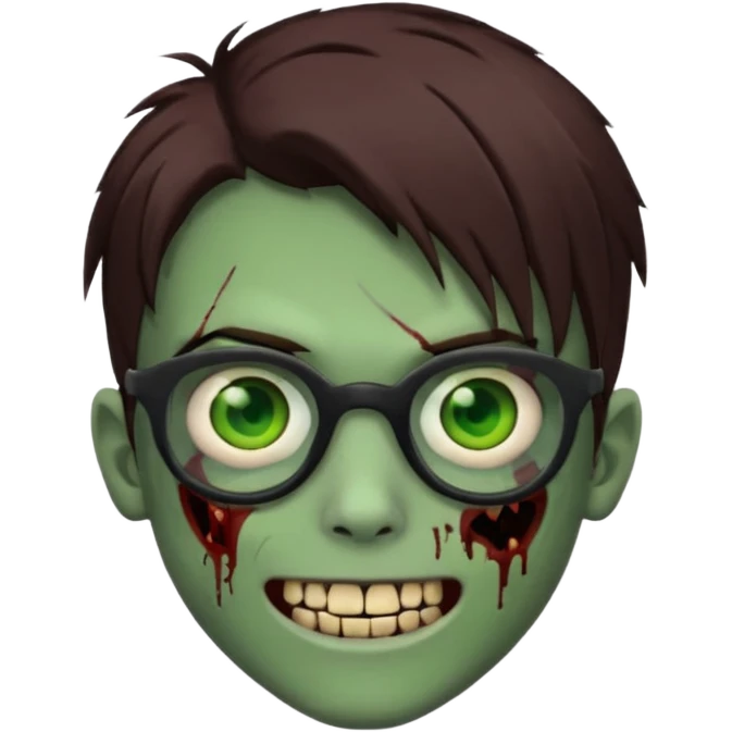 Zombie emo boy, green skin and brown hair and brown eyes, black glasses and a scary smile with a cut on the side, scars and blood under eyes emoji