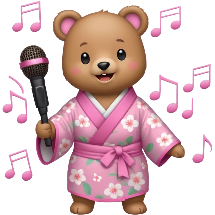A cute light-brown bear wearing a pastel pink sakura-patterned kimono, normal balanced body ratio.  
Holding a microphone and singing happily, music notes floating around and a bright joyful smile.  
Kawaii emoji style, minimalistic clean sticker illustration, white background. emoji