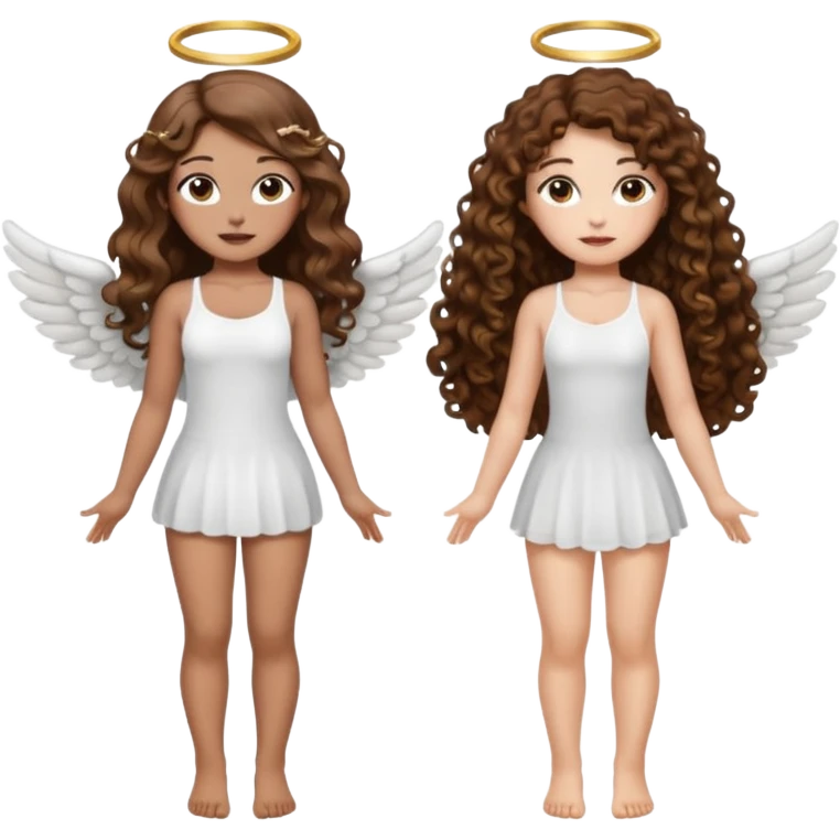 fake angel pose — long wavy brown hair tattooed woman and short tight curly brown hair woman — halo sparkle emoji