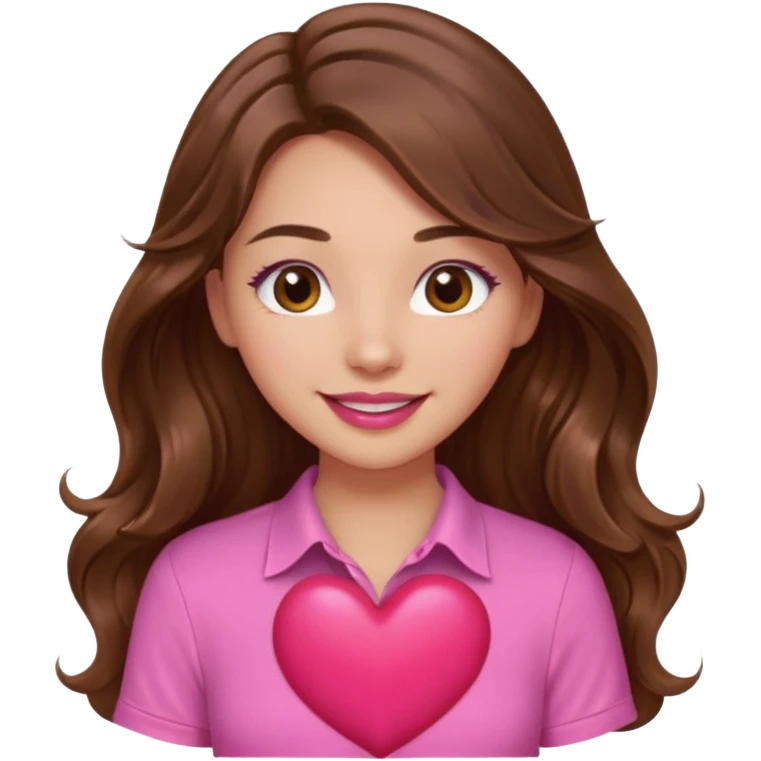 girl with long wavy brown hair, brown eyes, light to medium complexion, in a pink shirt, pink lips, long lashes, smiling, squeezing a big heart emoji
