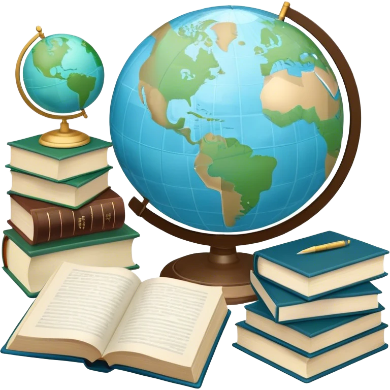Create an emoji representing language translation. The design should feature a single globe in the background, symbolizing international communication. In front of the globe, place two opened books, with texts in it and a pen nearby to indicate the act of writing and vocabulary. Use a clean and professional color palette with blues, greens, and neutral tones. Do not include any emojis or smiley faces. Make the background transparent emoji
