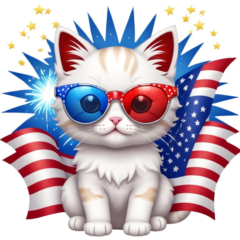 A red, white, and blue sparkly kitten wearing star-shaped sunglasses, with fireworks in the background and a mini flag. emoji