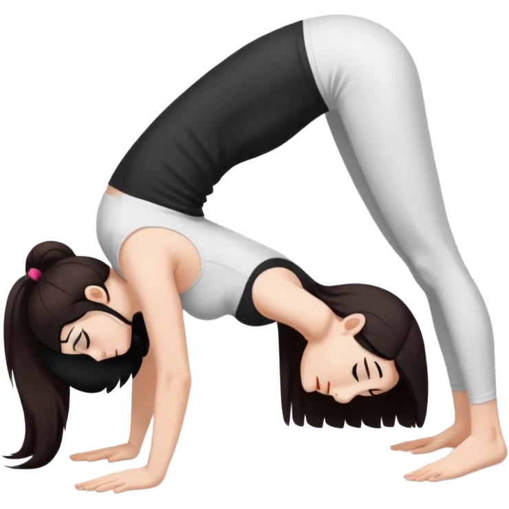 Девушка белокожая в позе собака мордой вниз, с длинными темными волосами, в белом топе, в черных лосинах, с черными ресницами emoji