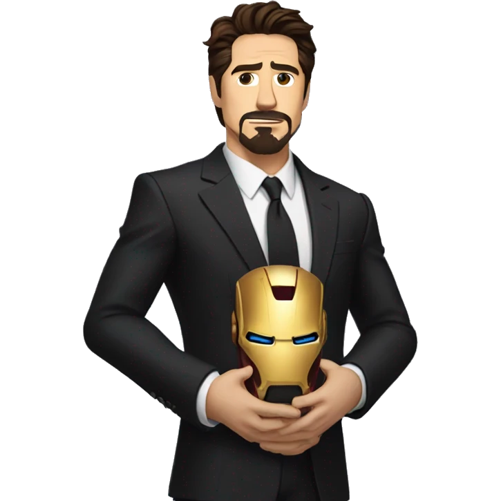 tony stark with a long bushy beard in a black suit an tie wearing the infinity gauntlet on his left hand emoji