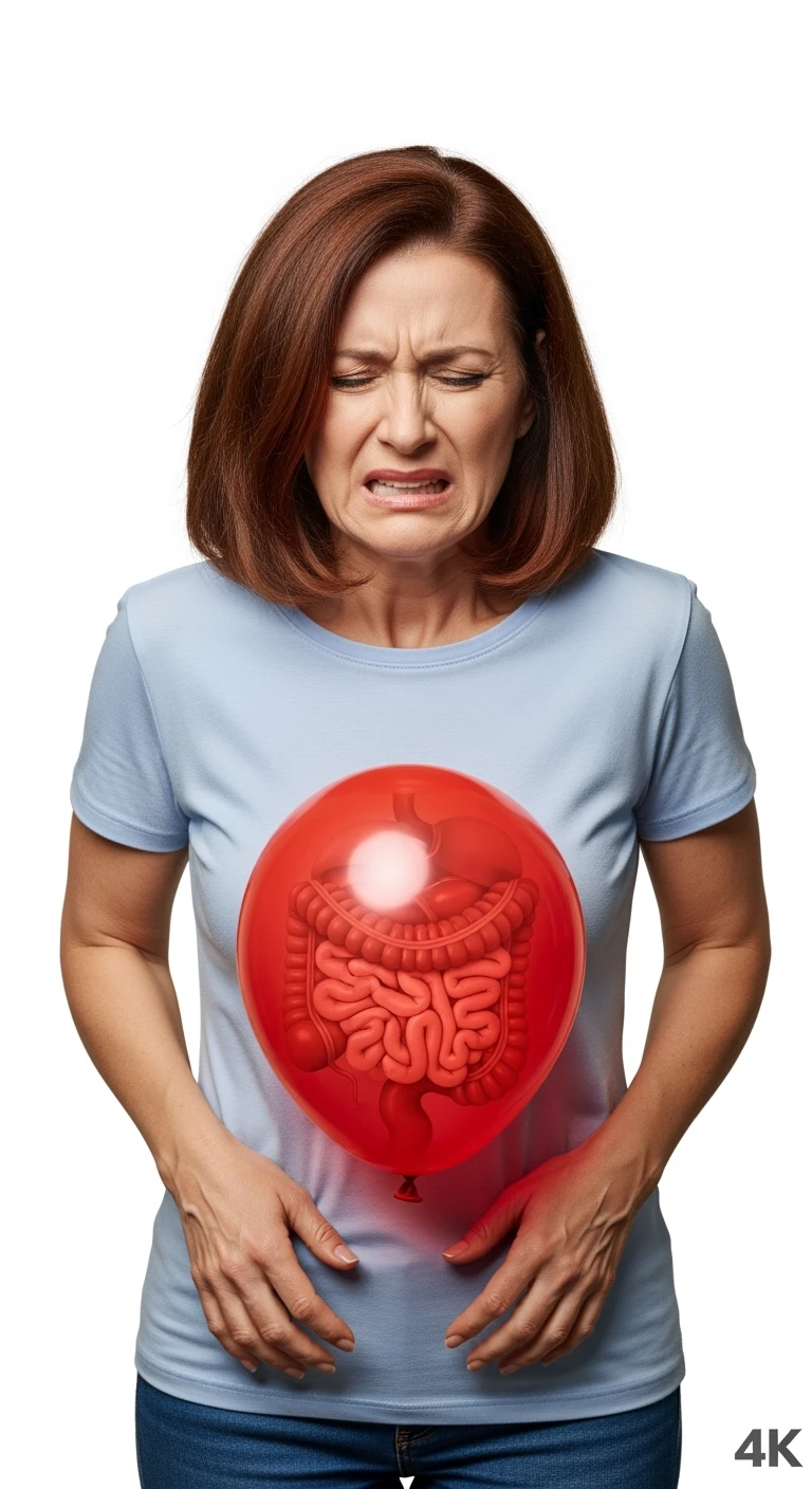 DONNA CON MAL DI PANCIA E CON INTESTINO SULLA PANCIA CHIUSO IN UN PALLONCINO ROSSO, ESPRESSIONE DI DOLORE IN VOLTO, IPERREALISTICA 4K, ISOLATA SU SFONDO BIANCO emoji