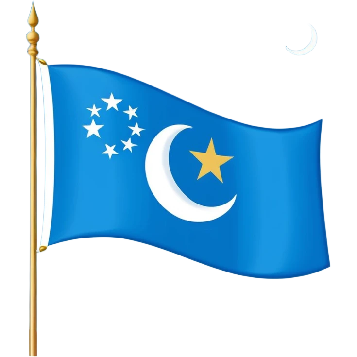 East Turkistan flag, bright sky-blue background, white crescent moon and five-pointed star in top-left corner, flat vector style, simple and clear design. emoji