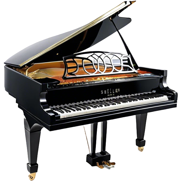 Create an elegant and detailed emoji representing the Seiler 278 Konzert grand piano. The design should feature the grand piano's polished black body with shiny, reflective surfaces, capturing its high-quality craftsmanship. The black and white keys should be clearly visible, with the curved shape of the grand piano’s body and lid, which can be slightly open. Add visible details like the pedal system, the intricate wood finish on the frame, and the elegant legs of the piano. The musical notes should float around the piano, evoking the sound of a professional concert instrument. Use deep black, white, and gold tones to highlight its luxurious appearance. The background should be transparent. emoji