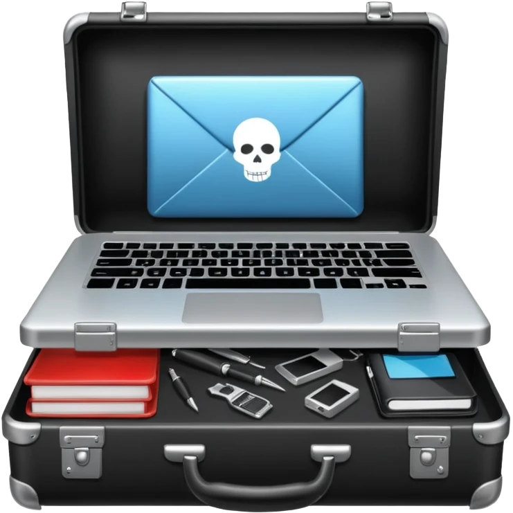 black hacking briefcase on a table with laptop and hacking tools emoji