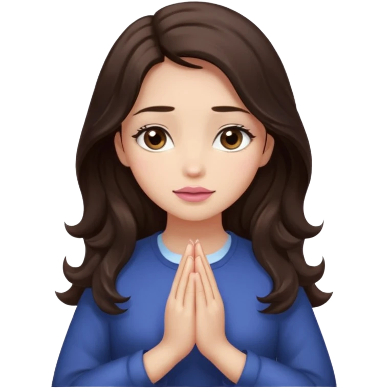 girl with wavy long glamorous dark brown hair, brown eyes, light to medium complexion, long lashes, almond shaped eyes, light pink lipstick, square shaped face. praying emoji