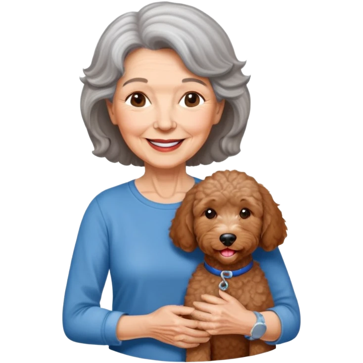 Smiling, peaceful elderly woman Brown hair chin legnth parted on the left side with silver streaks wearing blue jeans and a 3/4 sleeve legnth tshirt with a red labradoodle happy face. emoji