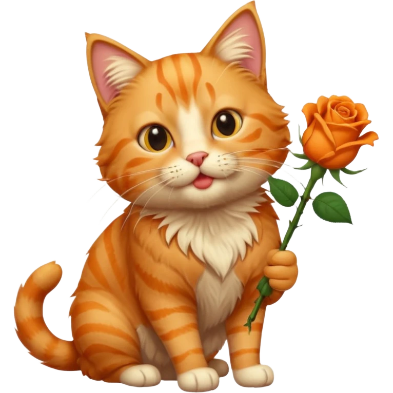 A fluffy, orange tabby cat fuul body, having a rose in it's mouth, and looked like he came from outside. emoji