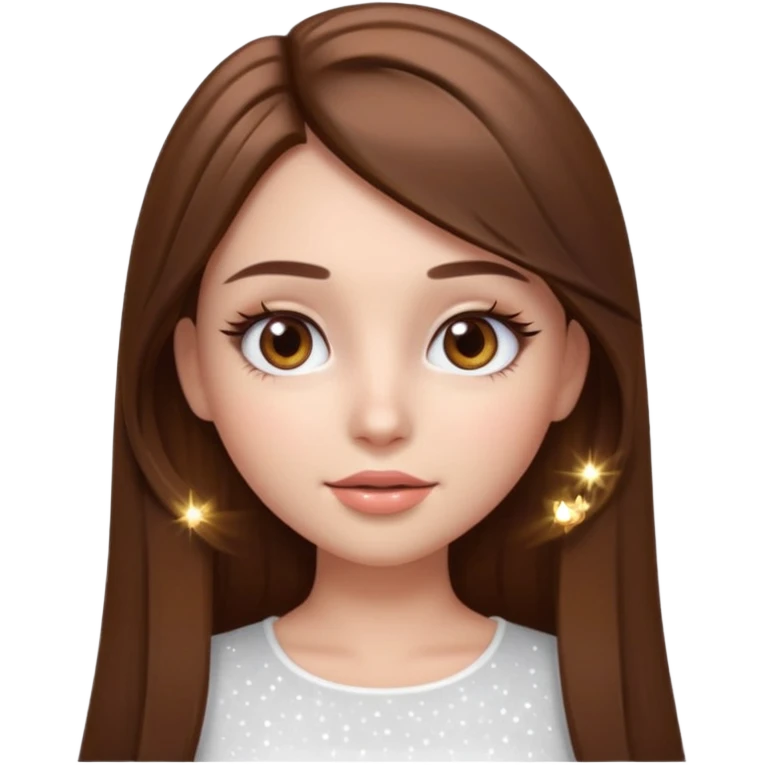 pretty cartoon girl, semi-realistic 3D emoji style, long straight brown hair, brown eyes, long eyelashes, soft glam makeup, glossy lips, smooth skin, cute aesthetic, sparkles in hair, white top emoji