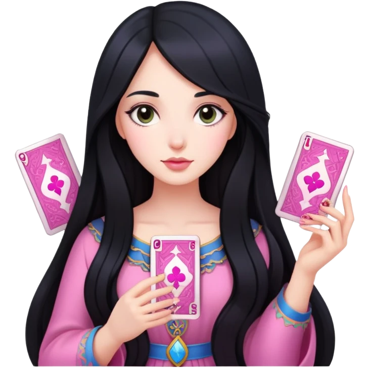 long black hair girl with pink tarot cards emoji
