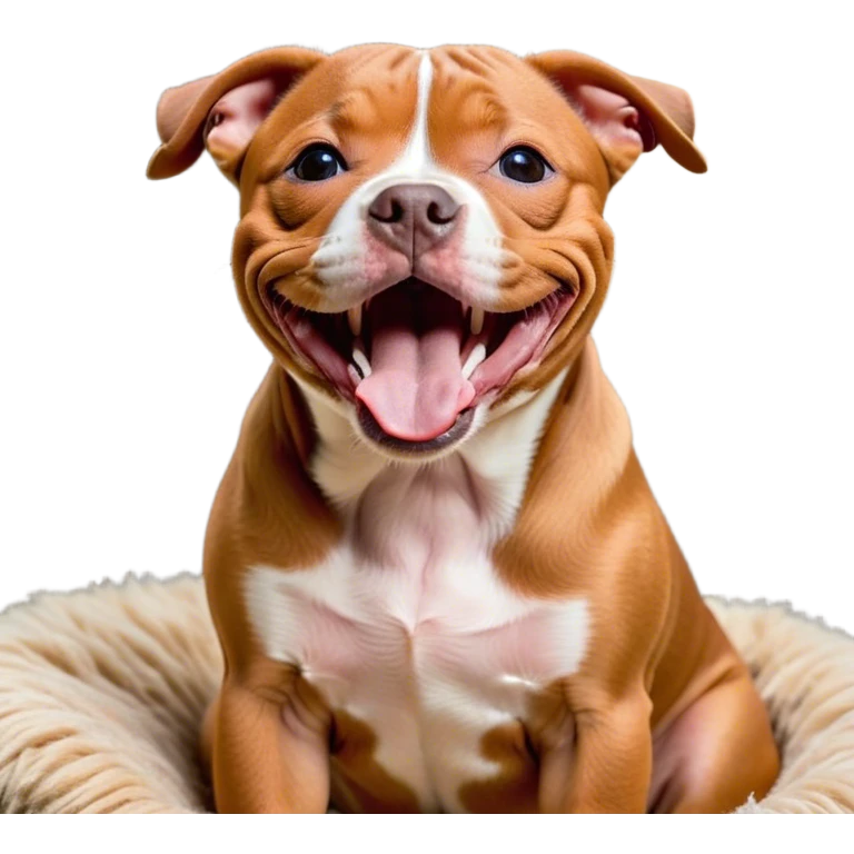 Cinematic Cute Yawning Red/Fawn Staffordshire Bull Terrier Portrait Emoji, Head tilted slightly with a dramatic, wide-open yawn, showcasing a smooth red/fawn Fur with crisp white accents, floppy ears slightly drooping, round dark eyes barely open in drowsy contentment, Simplified yet irresistibly adorable features, highly detailed, glowing with a soft, cozy glow, high shine, relaxed yet expressive, stylized with a touch of whimsy, bright and endearing, soft glowing outline, capturing the essence of a sleepy yet affectionate guardian, so drowsy it feels like it could stretch right out of the screen and curl up for a nap! emoji