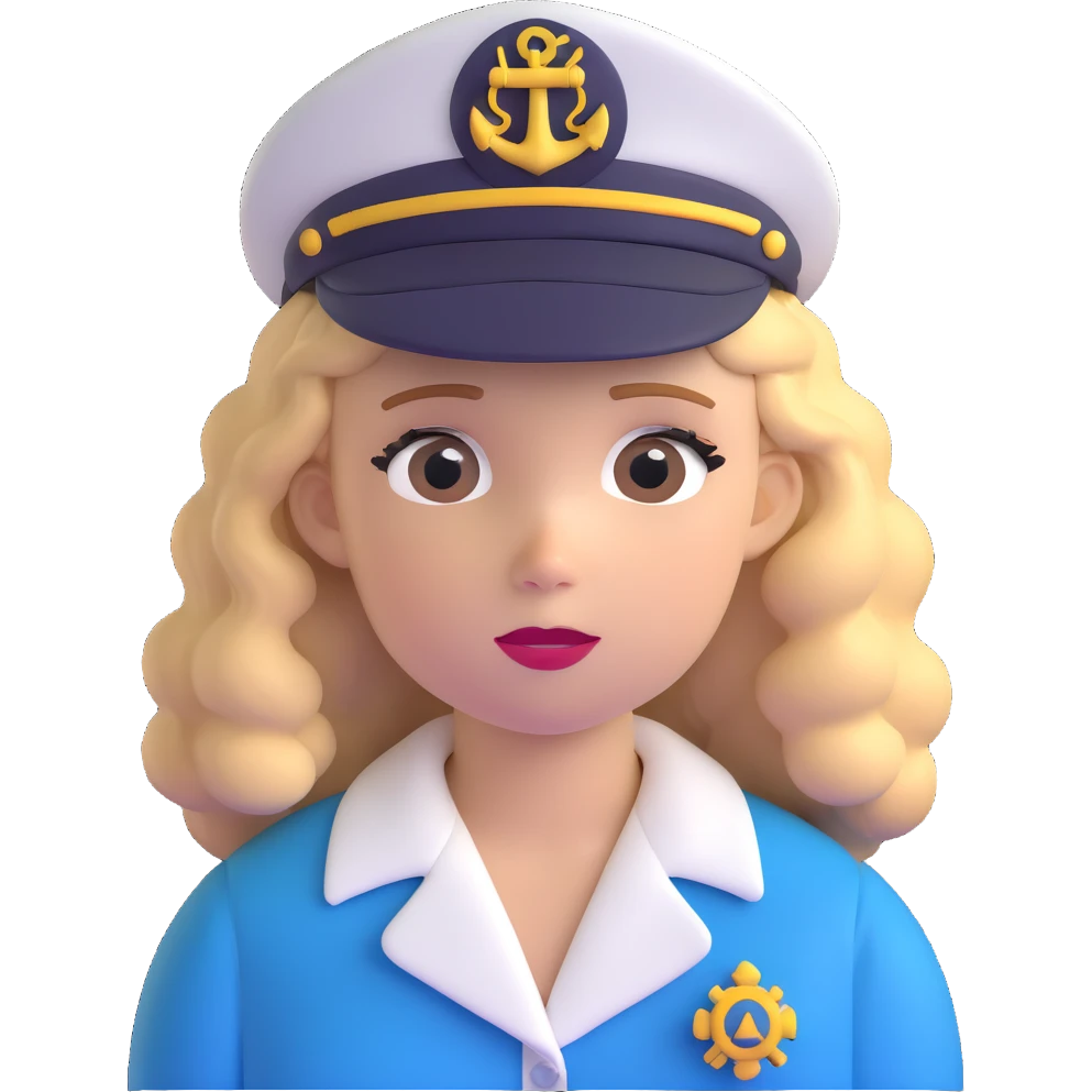 girl with curly dirty blonde hair, cruise captain hat, looking puzzled emoji