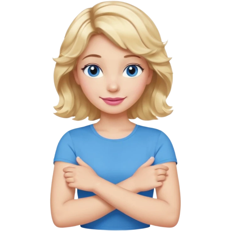 Girl Blonde short wavy hair,  blue eyes, cute blue top, long lashes, pink lips, smiling, making cross arms with arms  emoji
