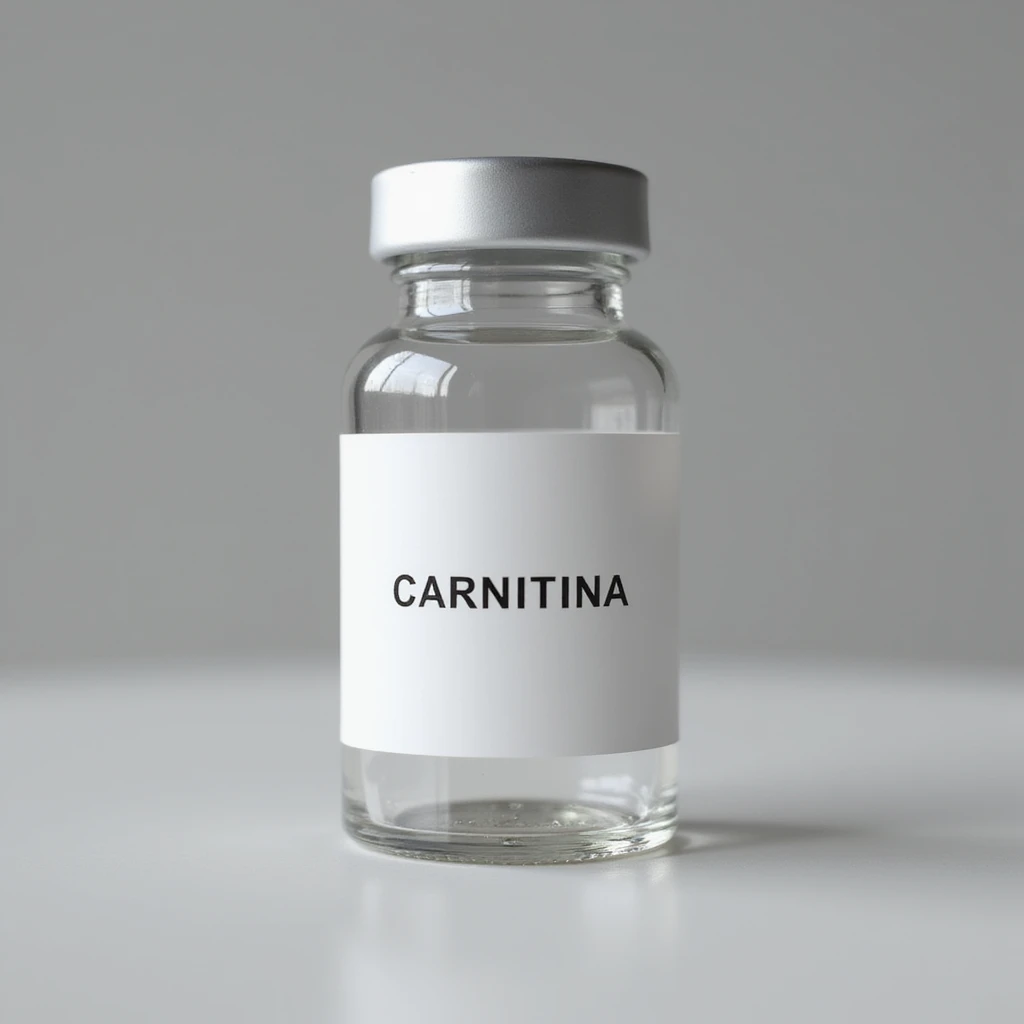 transparent glass vial with cap, white label with the word 'CARNITINA' prominently displayed, hyperrealistic 4K style emoji