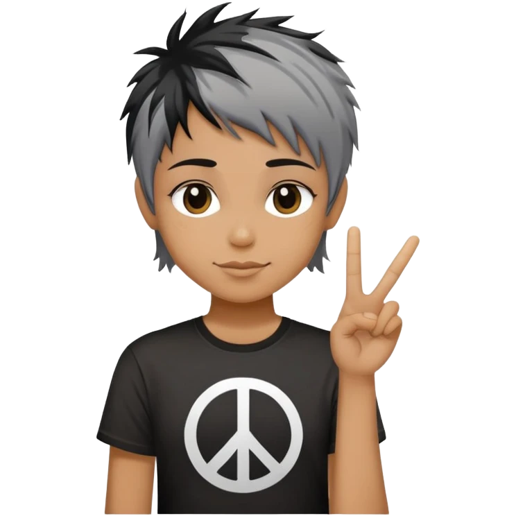 pixie shag hair black with streaks of gray, dark T-shirt with a peace sign. no hands  emoji