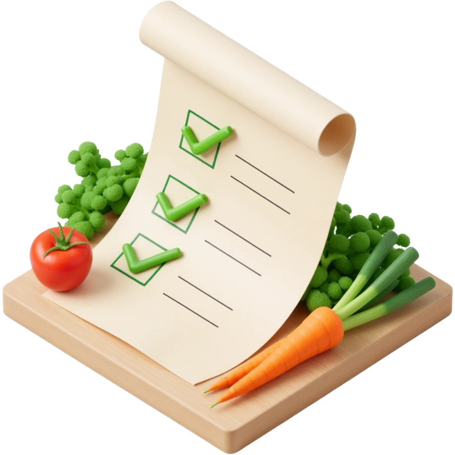 floating rolled paper list with green checkboxes and around vegetables emoji