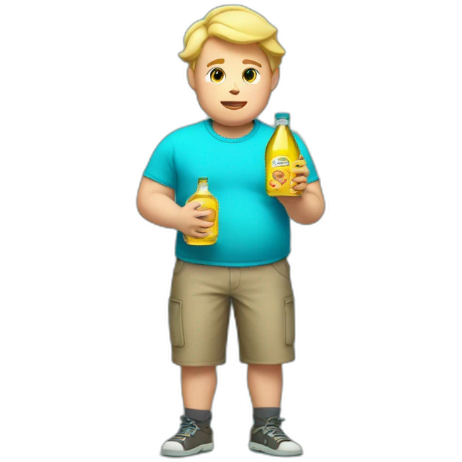 Fat blonde boy in a cyan shirt holding a bottle of cooking oil emoji