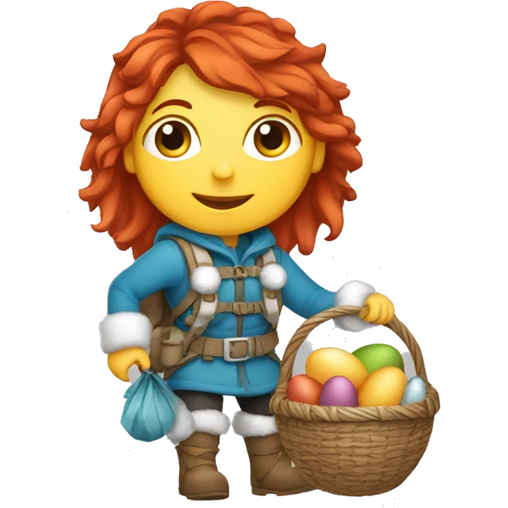 red hair female winter mountaineer climbing with Easter eggsbasket and Greek flag emoji