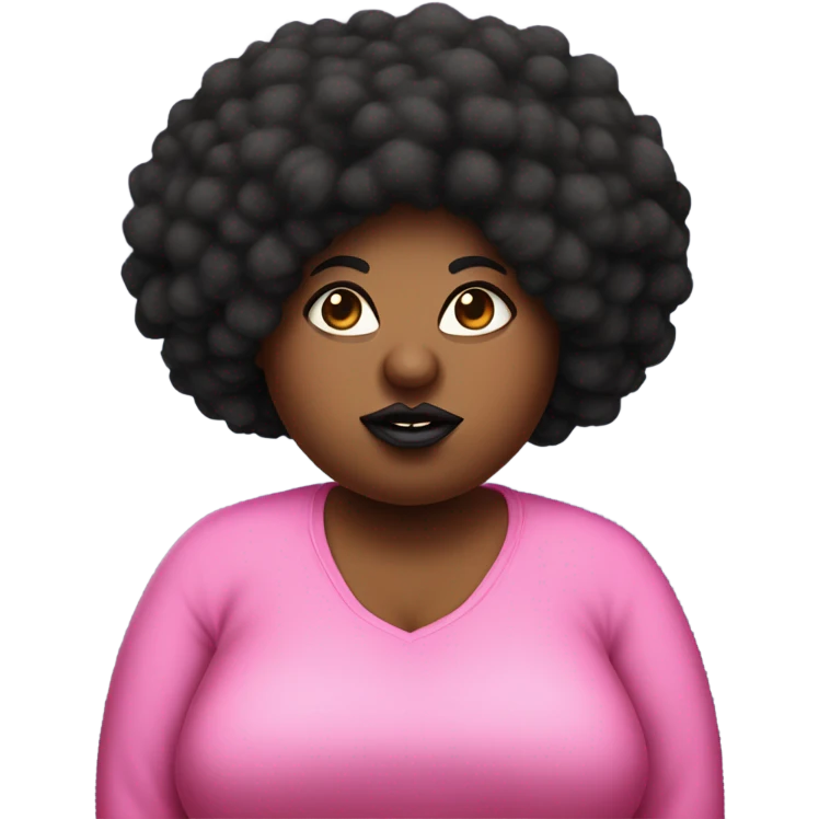 Mad chubby fat black women with a pink shirt that has a big eye ball on her right eye with a long pointy nose with a black short Afro with big lips emoji
