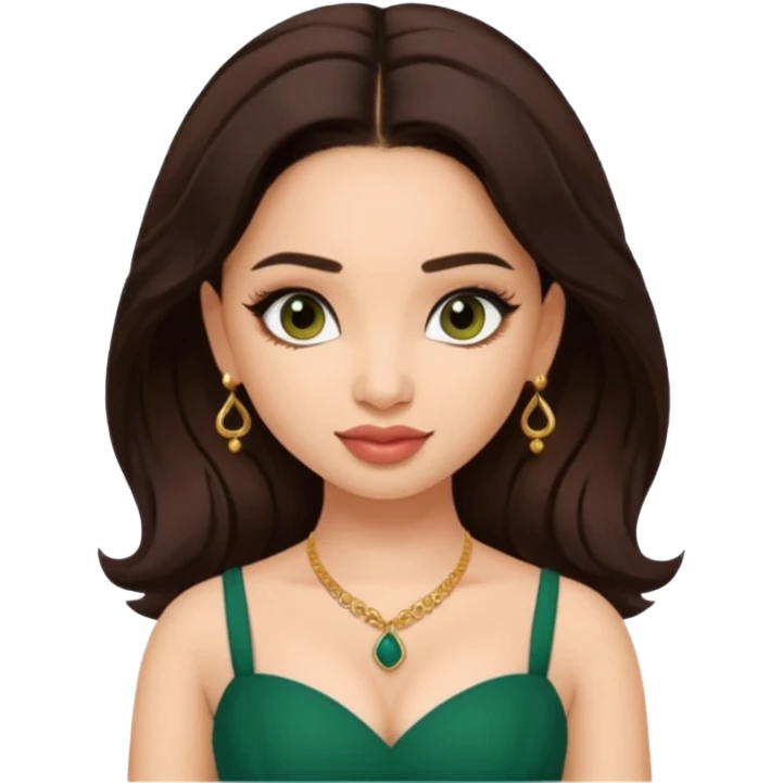 pretty bratz genmoji that looks like tamannah bhatia (bollywood actress), wearing a dark green sweetheart neckline top, dark brown hair, light makeup emoji