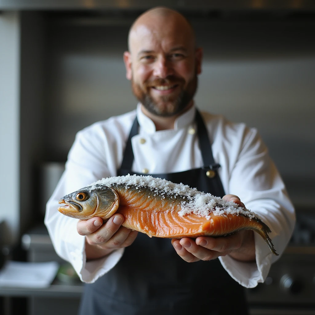 realistic 4K image of chef showing a salmon fillet just taken out of blast chiller, with frost and ice visible, satisfied expression emoji