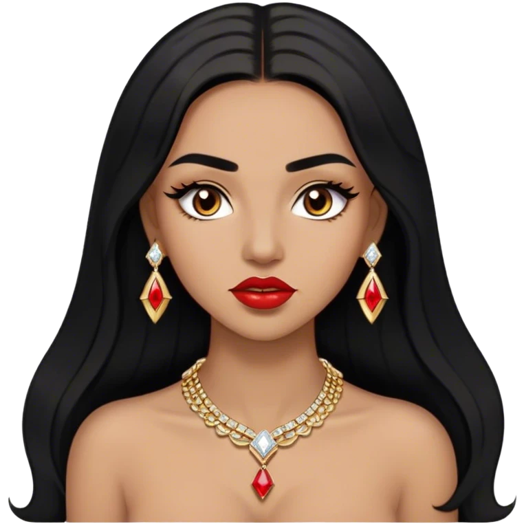 Woman, light brown skin, black long hair, medium arched eyebrows, brown eyes, full lashes, and red lips wearing a gold necklace with diamond studs emoji