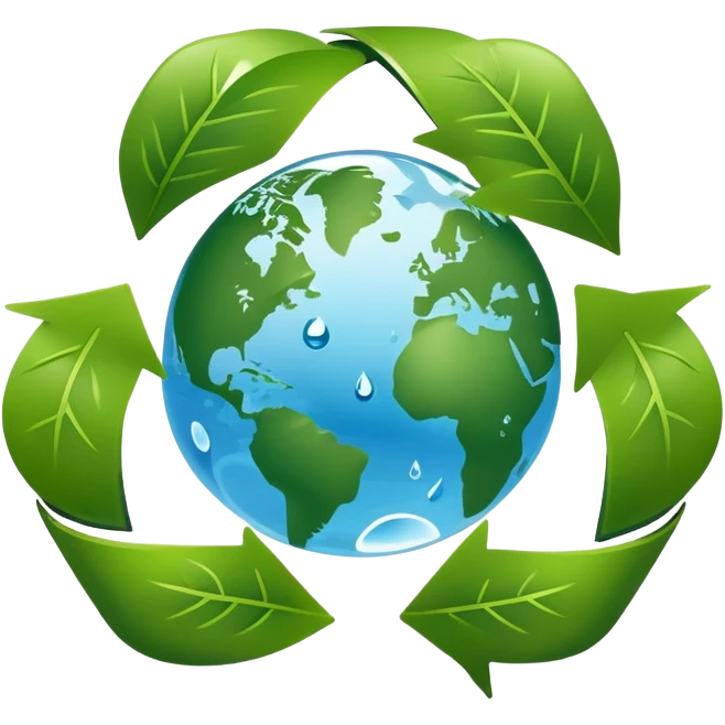 An icon featuring a globe with green leaves, a recycling symbol, and a water droplet, symbolizing ecology. The design includes trees, animals, and renewable energy icons, representing the study of ecosystems, environmental protection, and sustainability. Transparent background emoji