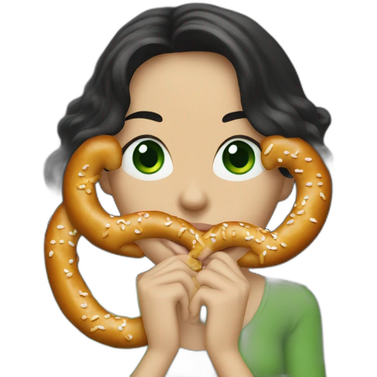 A Woman with green eyes and black wavy long hair and long nose eating a pretzel  emoji