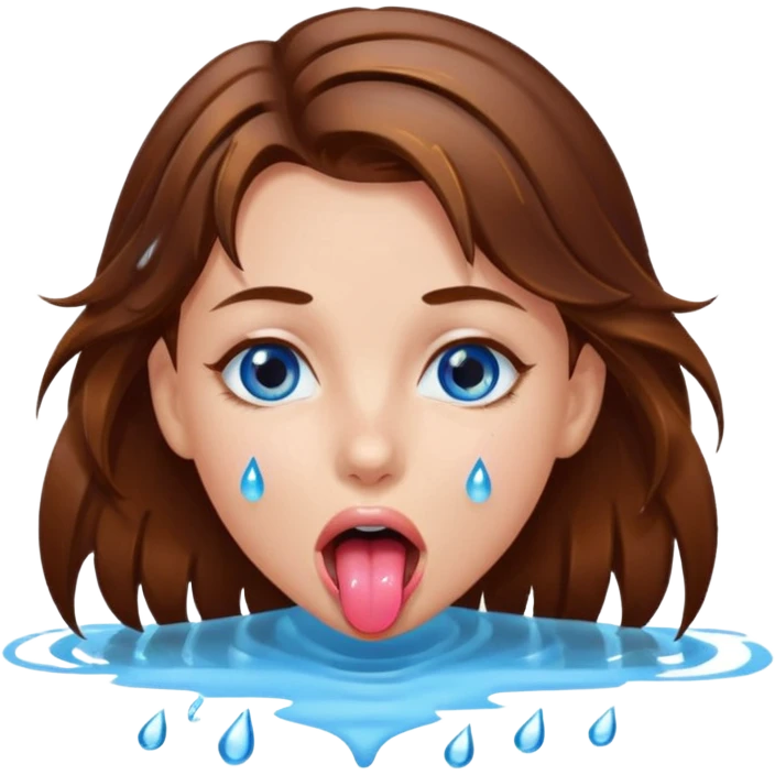 Girl with brown hair, blue eyes, a wet face and her tongue out. Can you make her face more wet? Can you add clear water droplets on her face and tongue? No water below her. Just on her face, hair and tongue. emoji